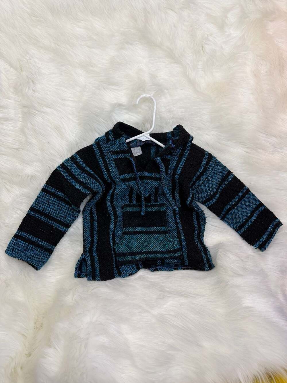 Child Mexican Baja Hoodie Pullover Sweater Black Blue Striped Jerga Size S